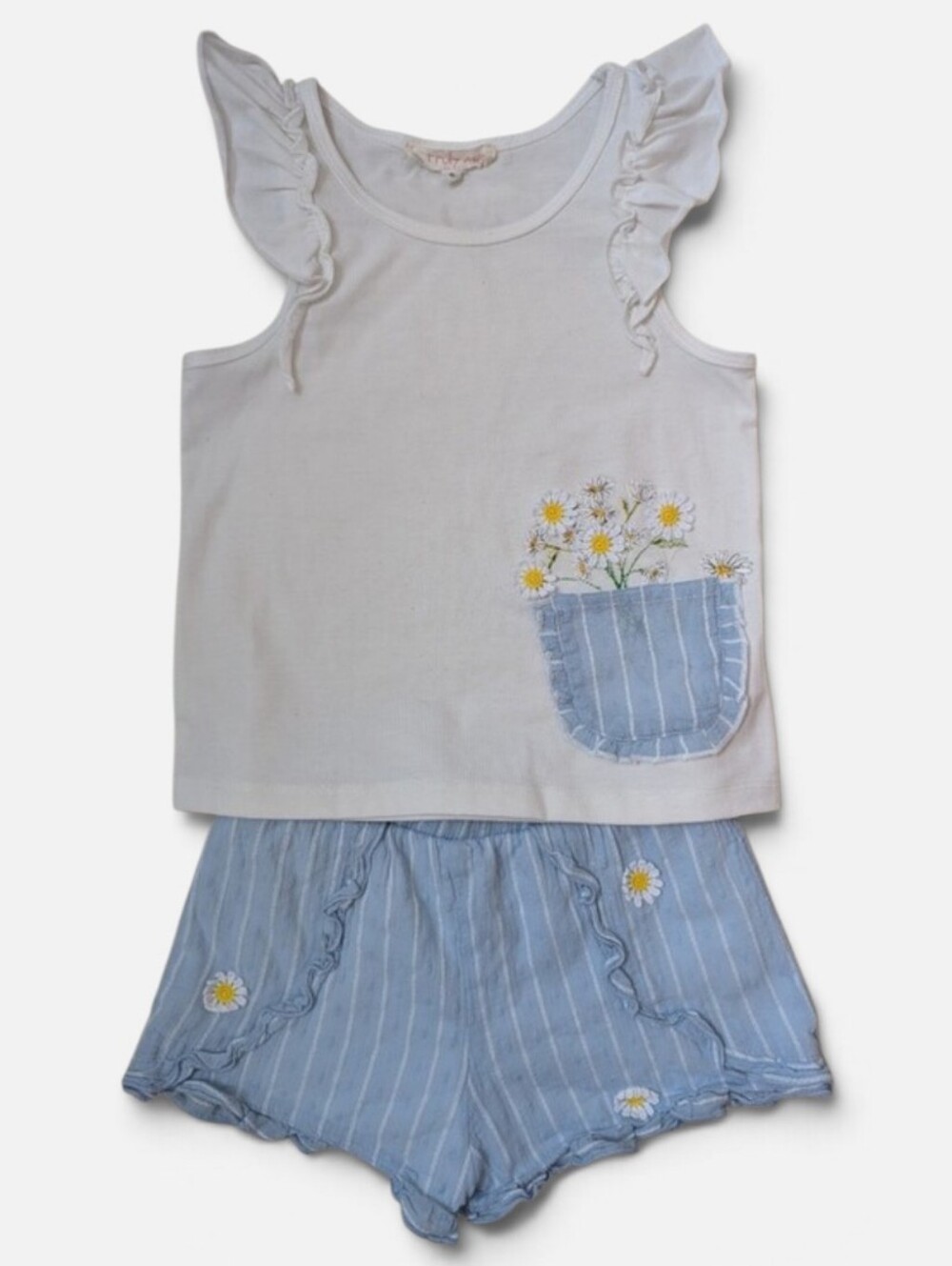 Girls Truly Me White Tank & Blue Striped Daisy Shorts Set 5-6Y